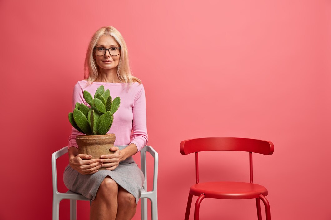 calm wise woman middle age sits daydreaming comfortable chair holds cactus pot has serene expression wears spectacles jumper skirt 273609 45468 1 درمان خانگی گرگرفتگی یائسگی: بهترین راه‌حل‌ها برای کاهش علائم مدبی